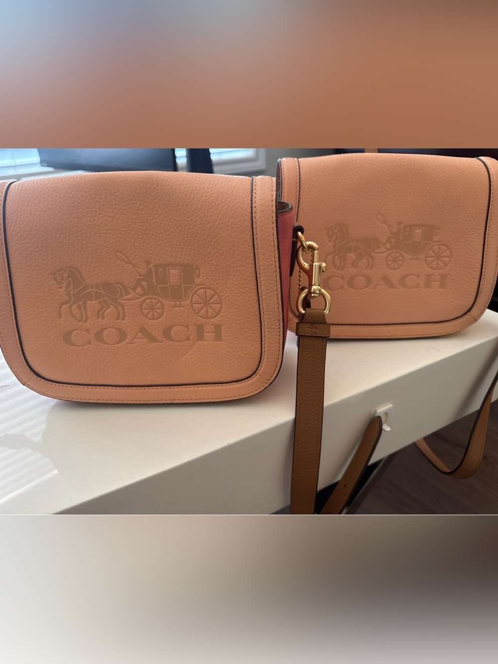 Coach Pebbled Leather Crossbody in Tan with Pink Trim - Picture 4 of 4